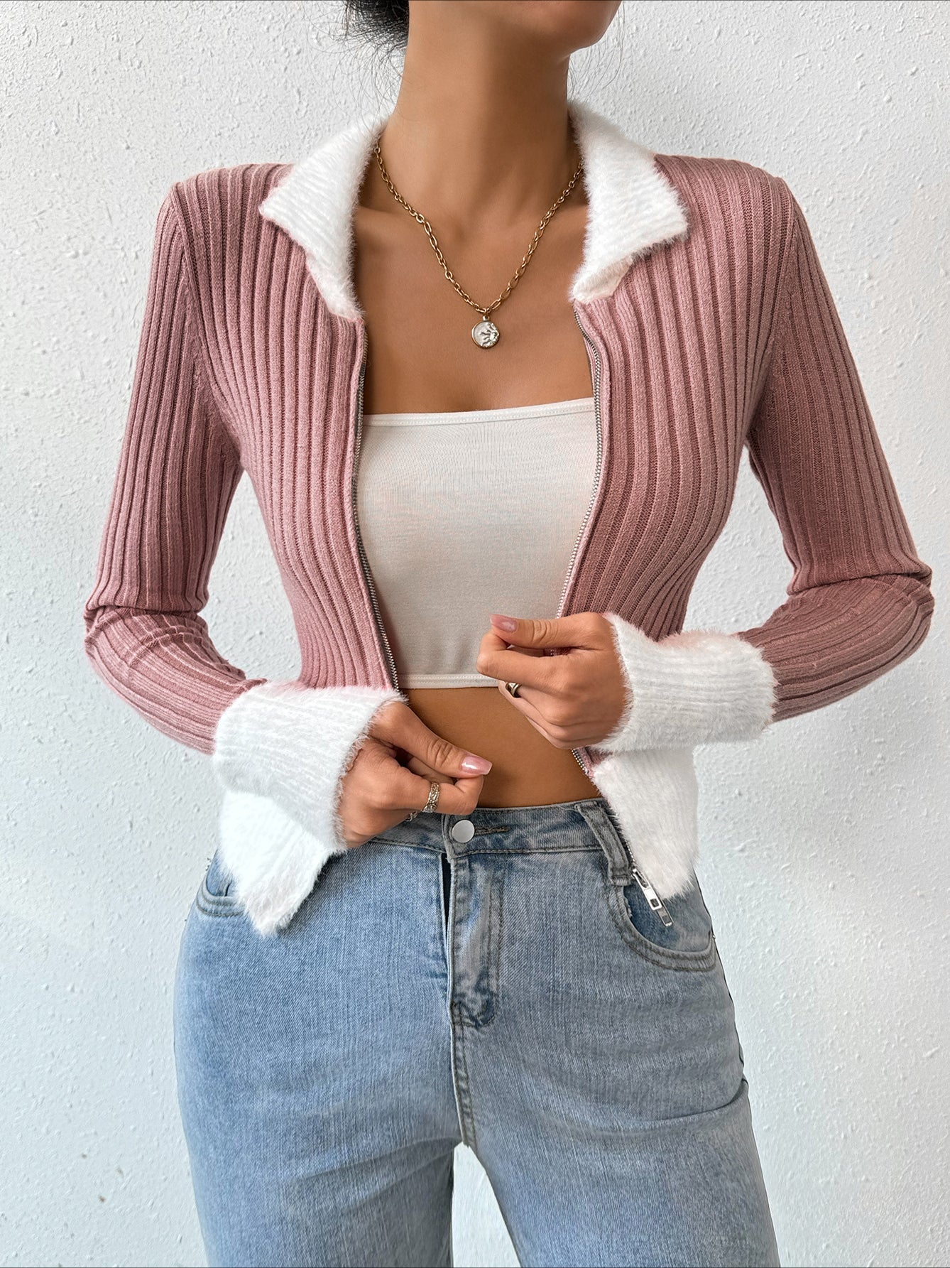 Zip-Front Tailored Knit Cardigan