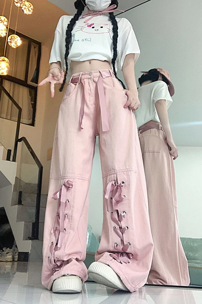 Pink Bow Tie Wide Leg Cargo Jean
