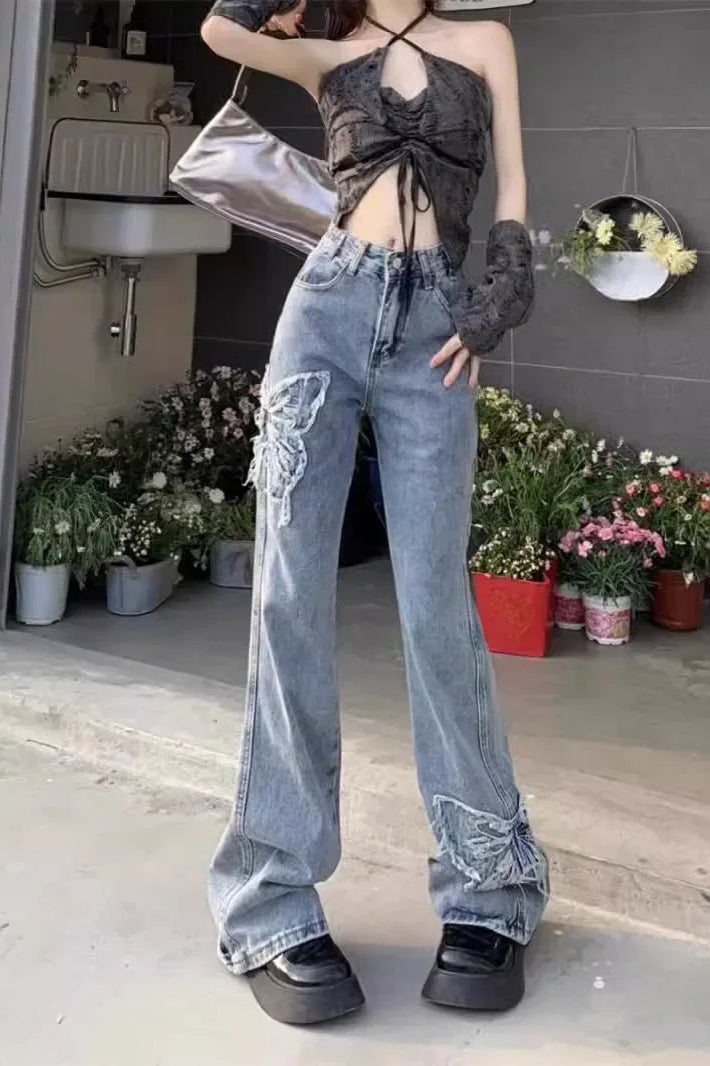 Washed Butterfly Embroidered Flare Jean