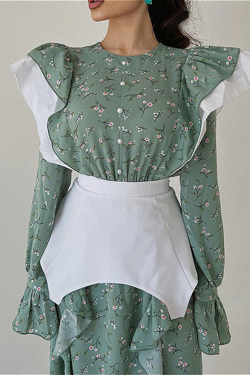 Belted Long Sleeve Casual Floral Dress