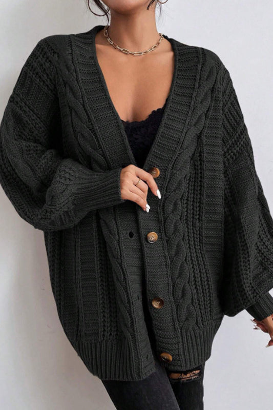V-Neck Retro Cable Knit Puff Sleeve Cardigan