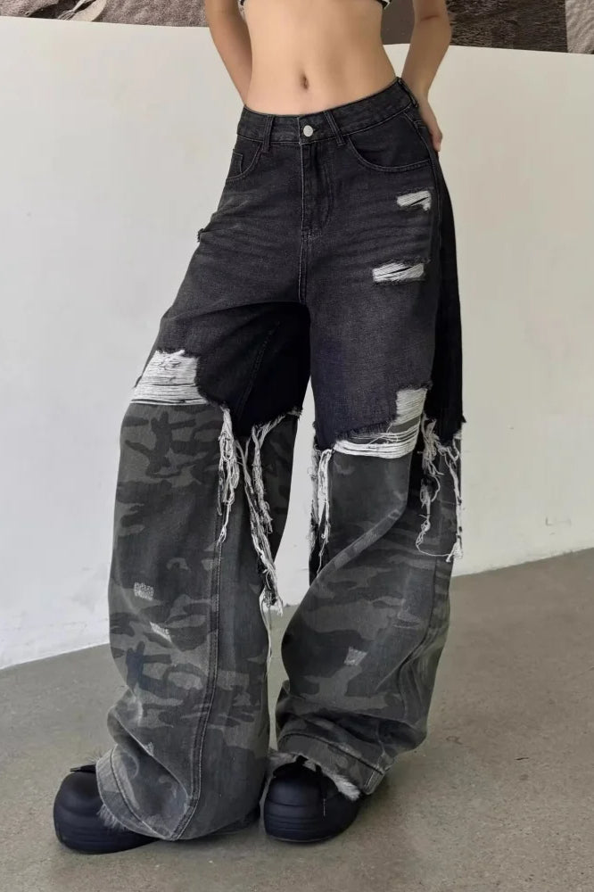 Camouflage Patchwork Baggy Wide Leg Jean