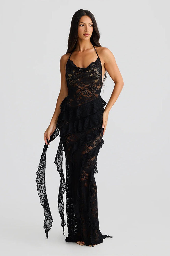 Lace Halter Open Back Maxi Dress