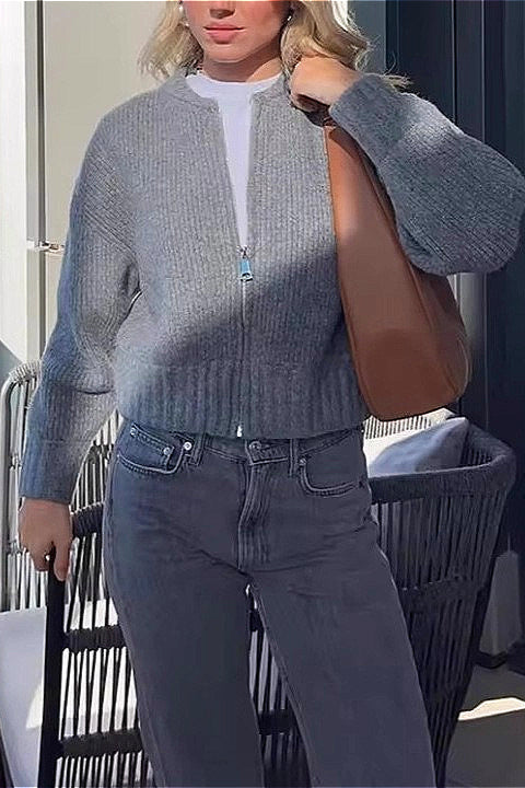 Crew-Neck Zip Plain Knit Cardigan