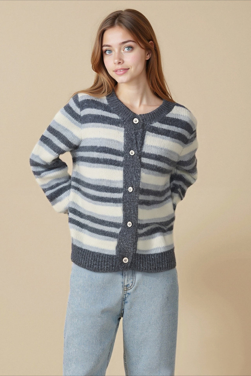 Retro Stripe Colorblock Slim Crew-Neck Cardigan