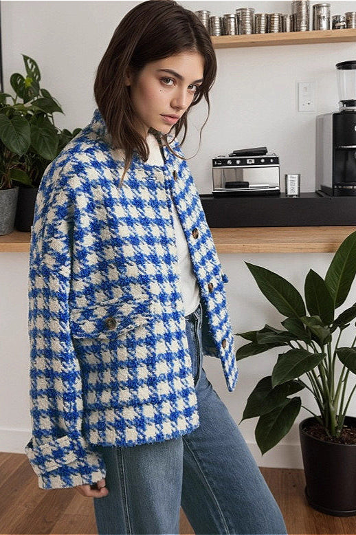 Short Houndstooth Chic Loose Casual Coat