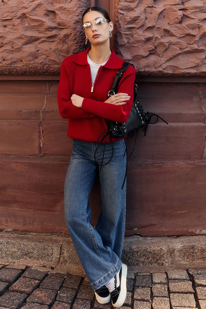 Polo Collar Pullover Knit Sweater