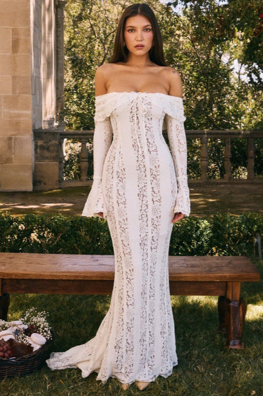 Bustier Lace Flared Sleeve Maxi Dress