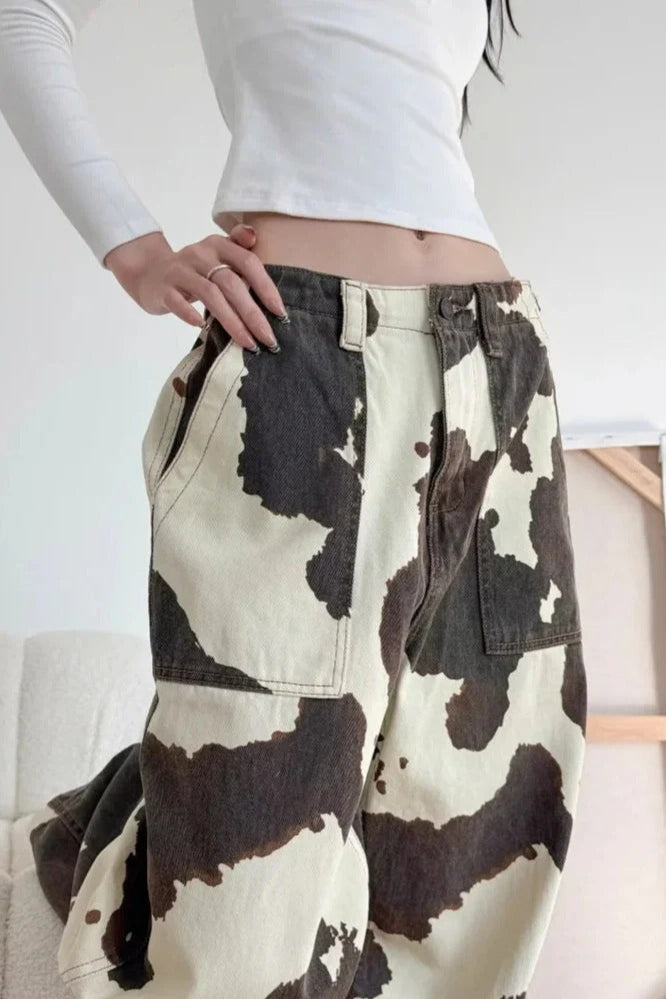 Baggy Cow Pattern Wide Leg Jean