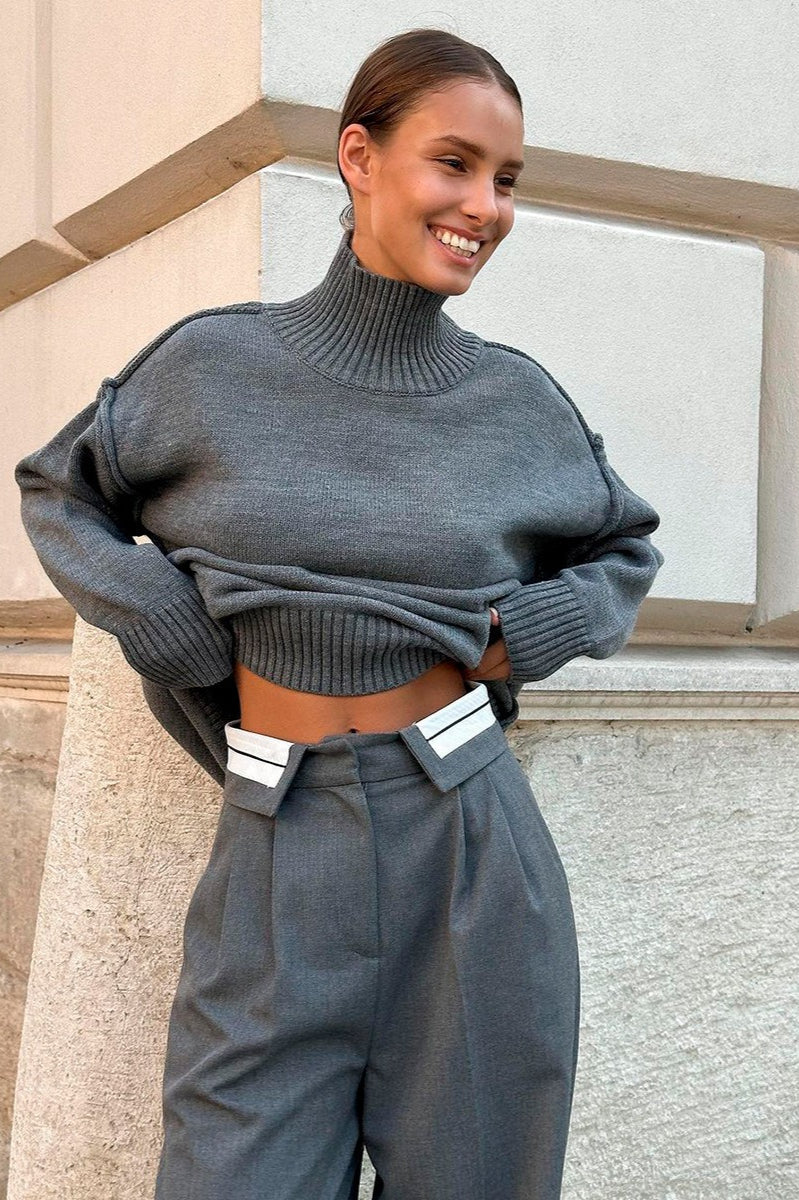 Colorblock High Neck Knit Sweater