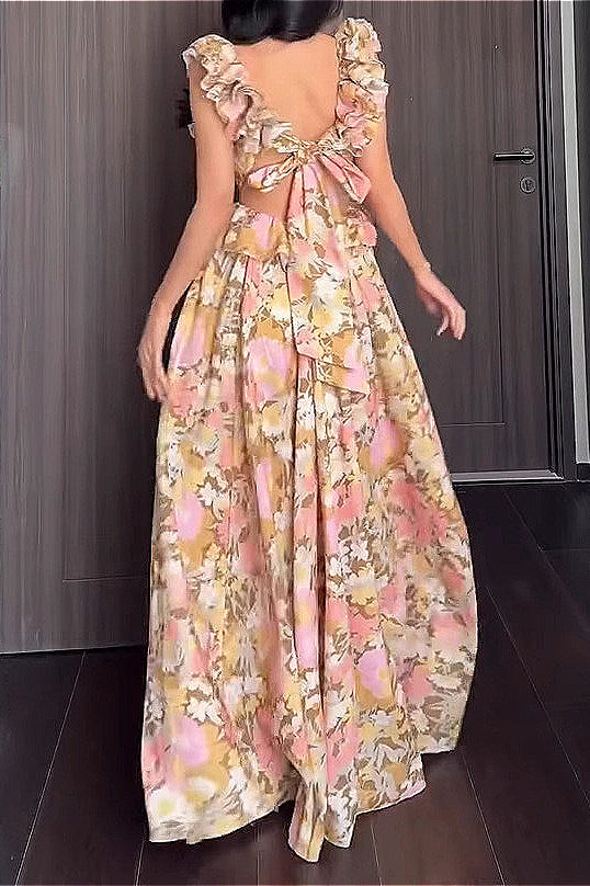 Ruffled V Neck Sleeveless Slim Floral Dress