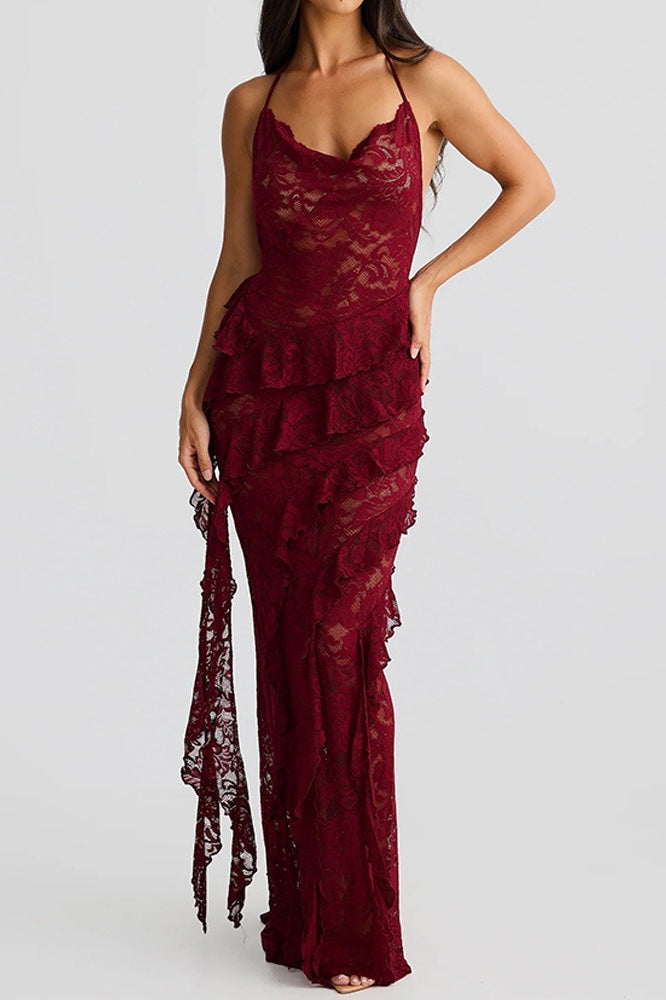 Lace Halter Open Back Maxi Dress