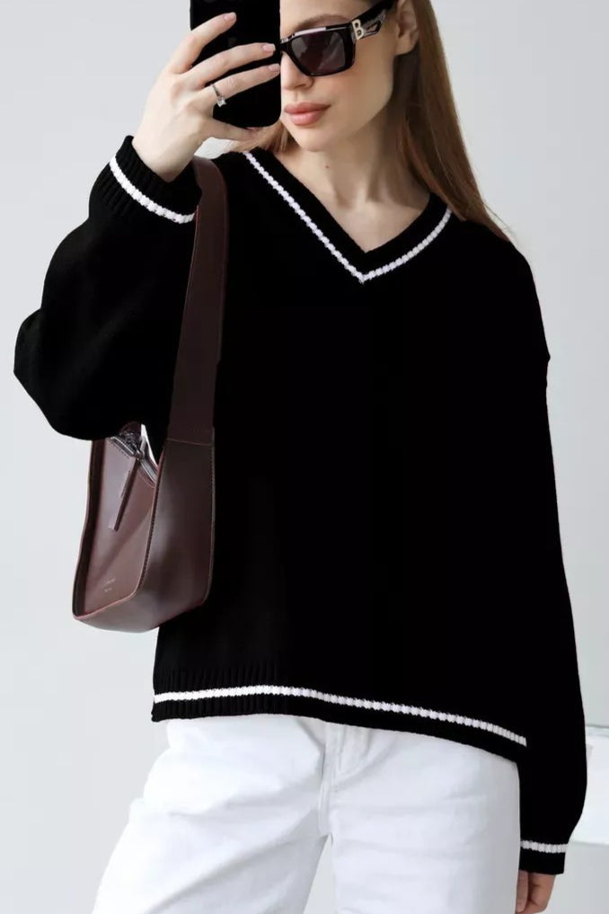 Plain Knit V Neck Sweater