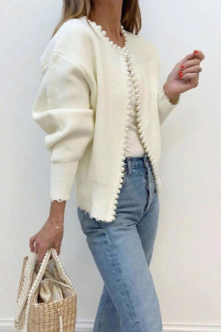Pearl Crew-Neck Detailed Knit Cardigan