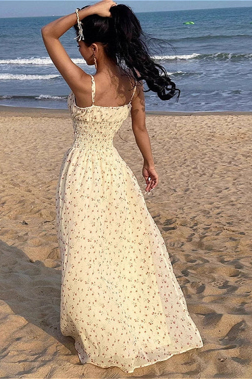 Alluring Smocked V Neck A Line Maxi Floral Dress