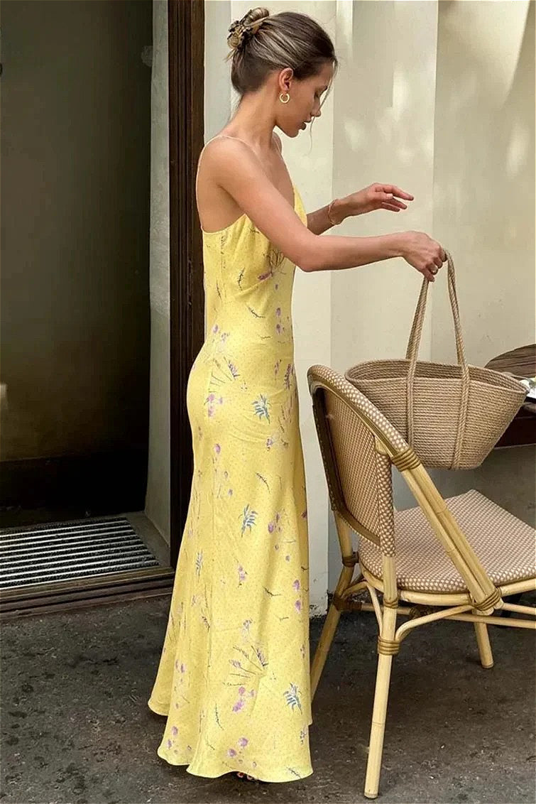Casual Yellow Print Strap Floral Dress