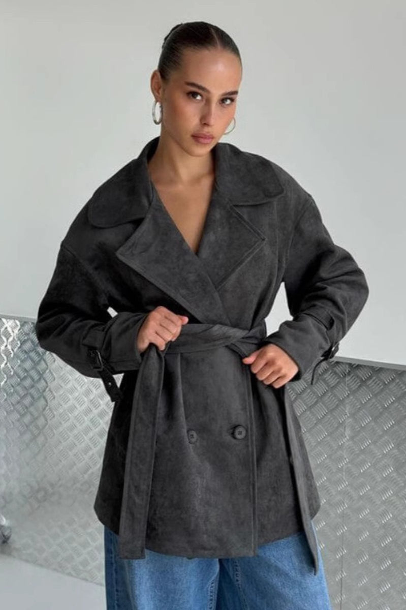 Retro Suede Lapel Tie Waist Jacket Coat