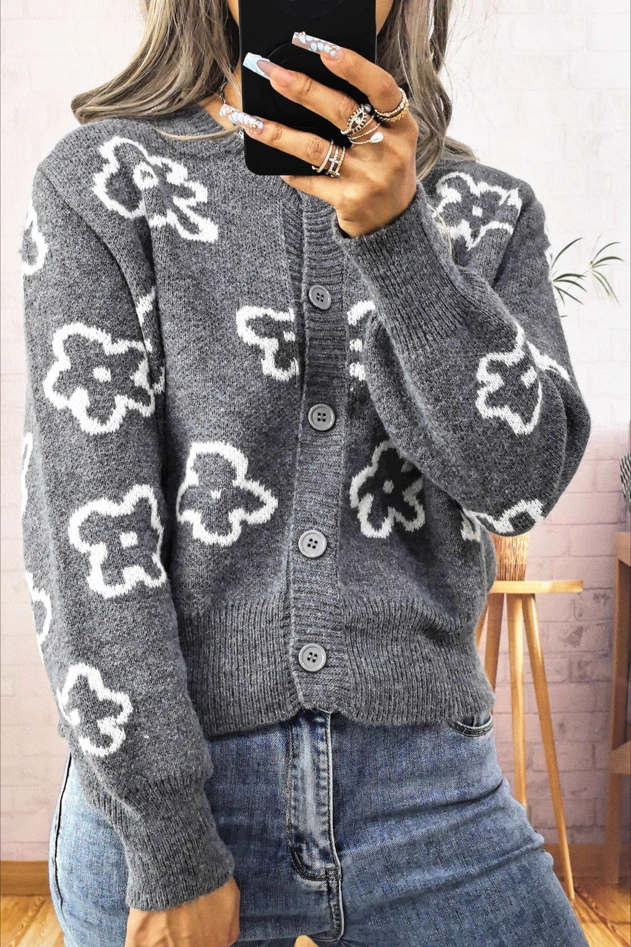 Floral Jacquard Short Button Knit Cardigan