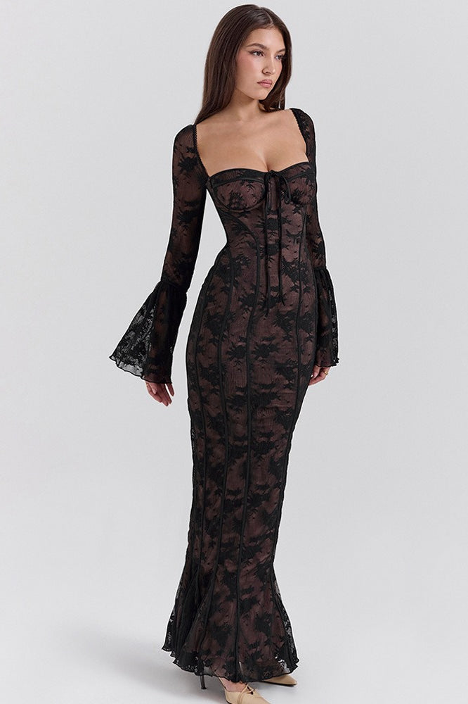 Lace Bodycon Flare Sleeve Maxi Dress