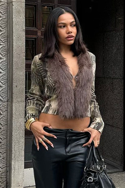 Retro Fuzzy Paneled Casual Knit Cardigan