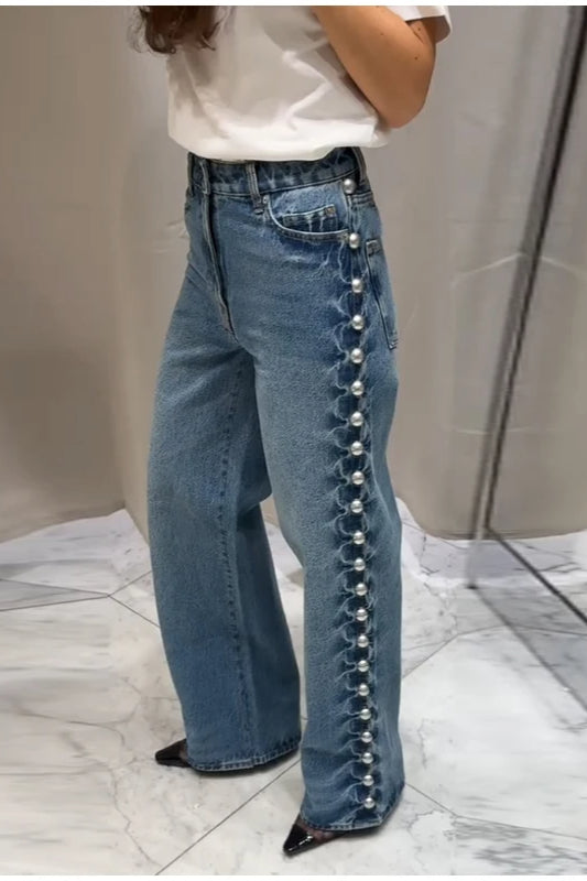 Beaded High Waist Straight Leg Jean