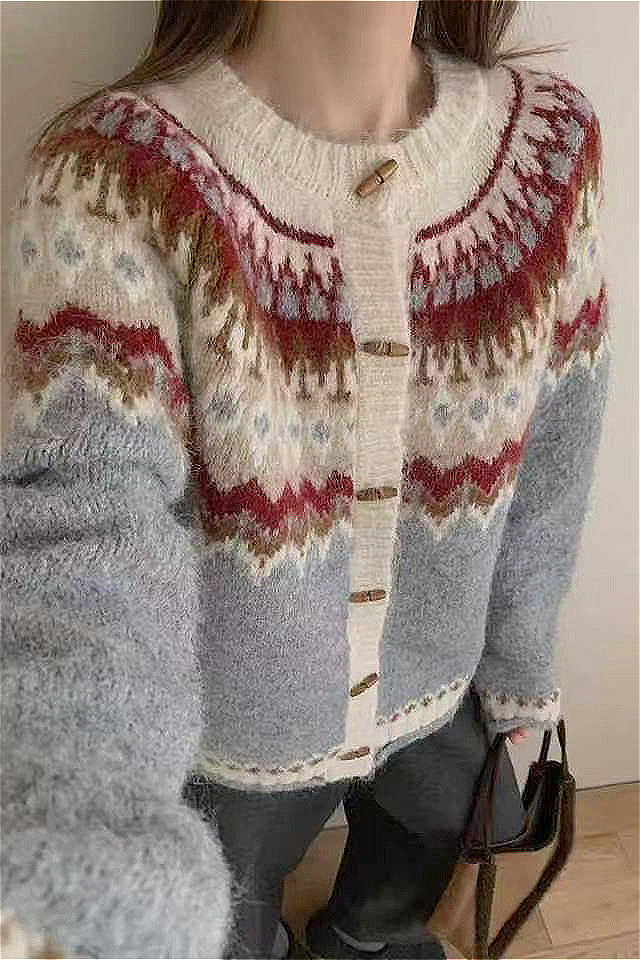 Crew-Neck Fair Isle Horn Button Cardigan