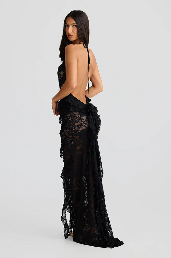 Lace Halter Open Back Maxi Dress