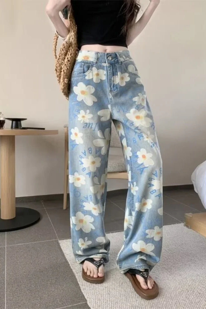 Washed Floral Print Baggy Jean