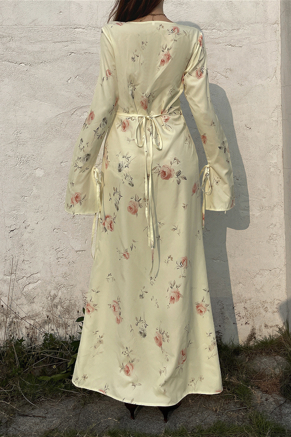 Sweet V Neck Flare Sleeve Wrap Maxi Floral Dress