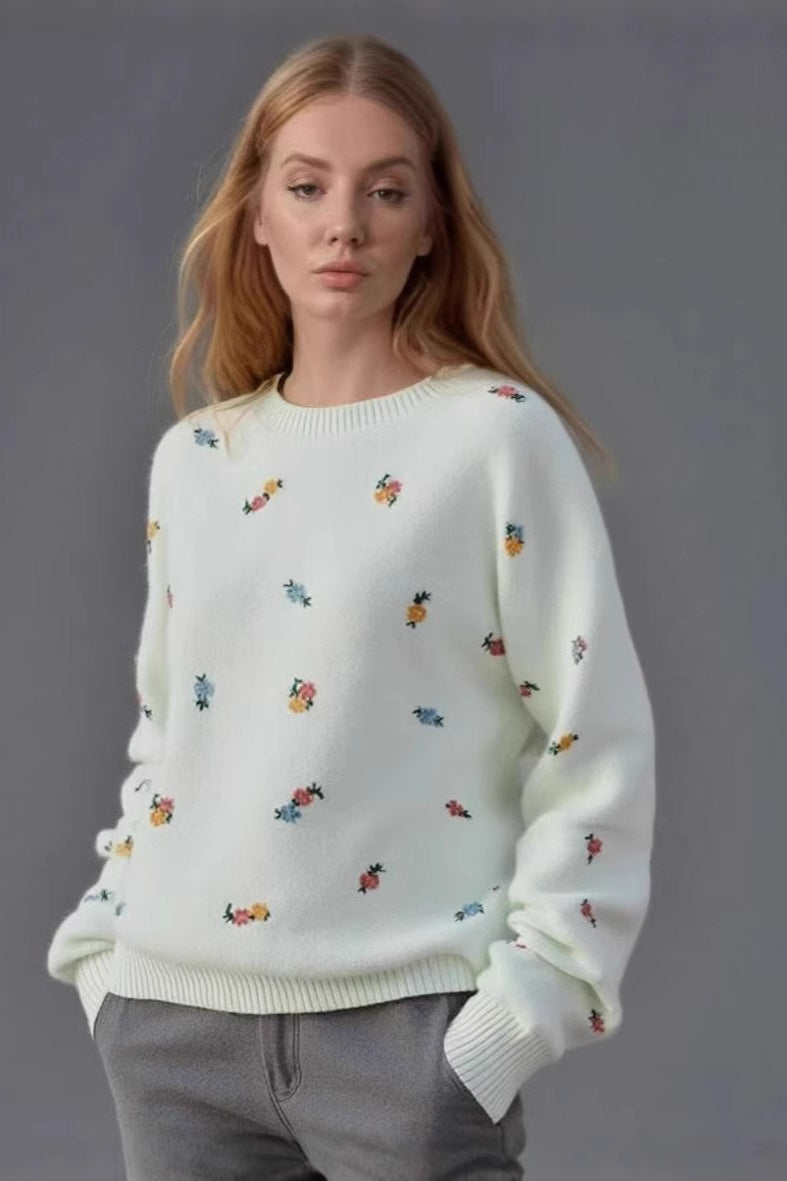 Embroidered Floral Crew Neck Sweater