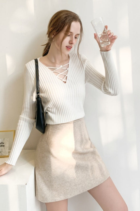 Slim Lace Up V Neck Sweater