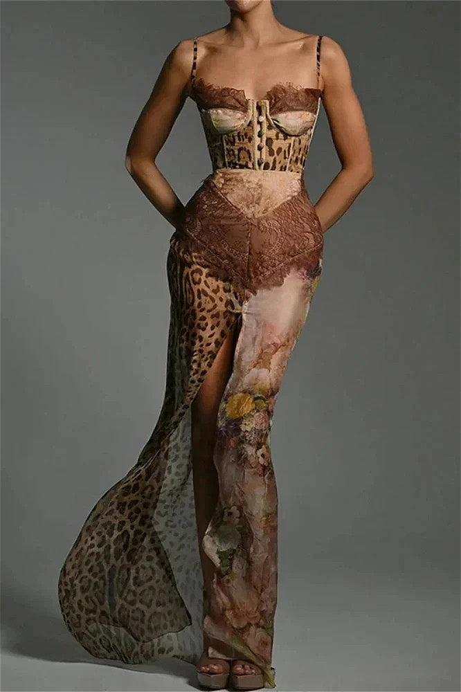 Leopard Patch Lace Floral Dress