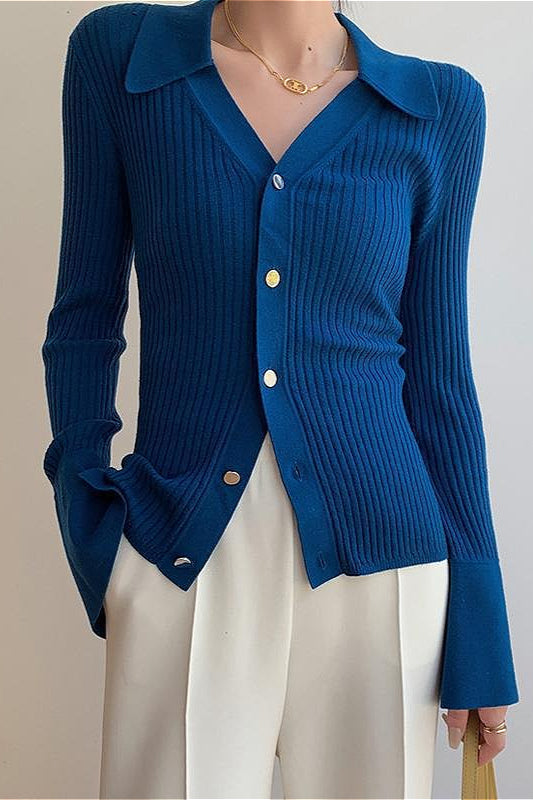 Blue V-Neck Chic Slim Knit Cardigan