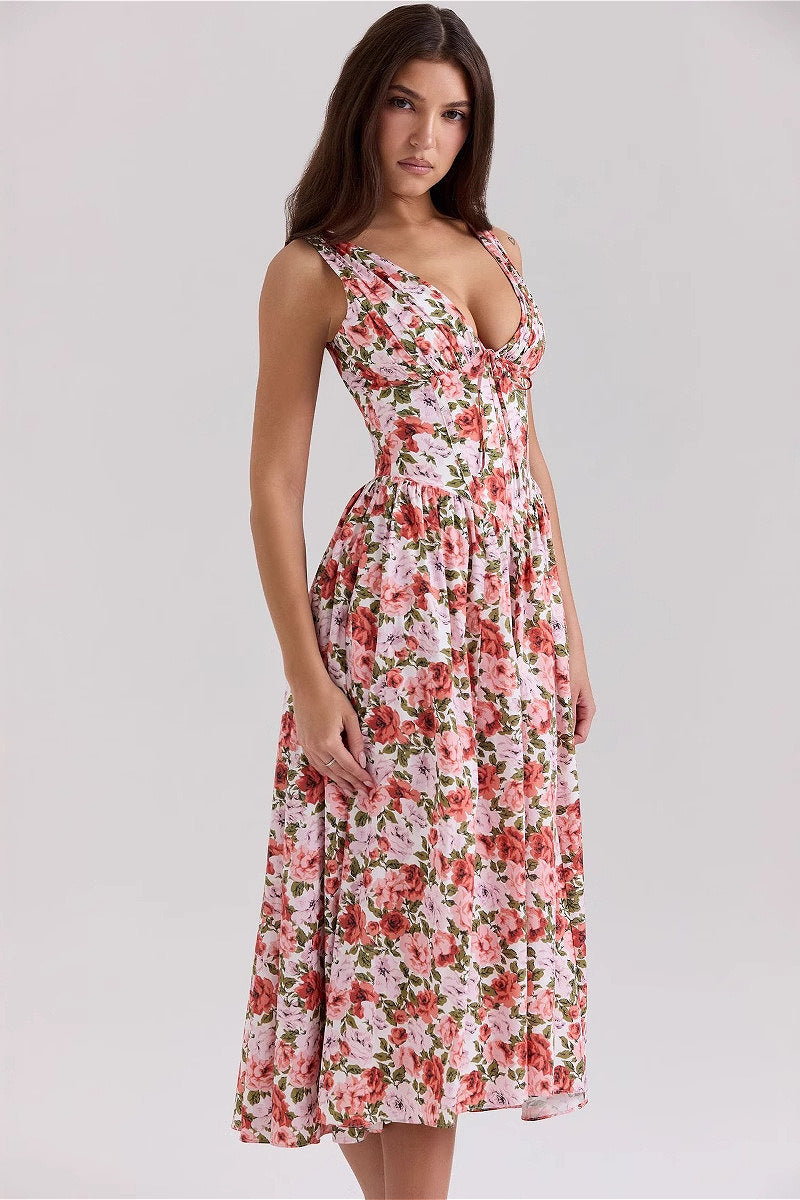 Slim V Neck Strap Floral Dress