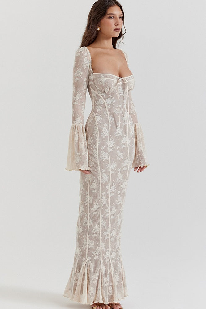 Lace Bodycon Flare Sleeve Maxi Dress