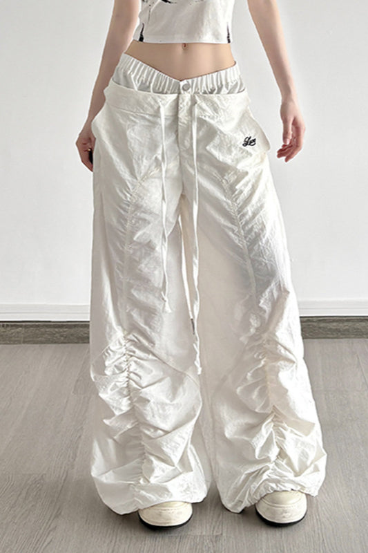 White Drawstring Wide-Leg Pant