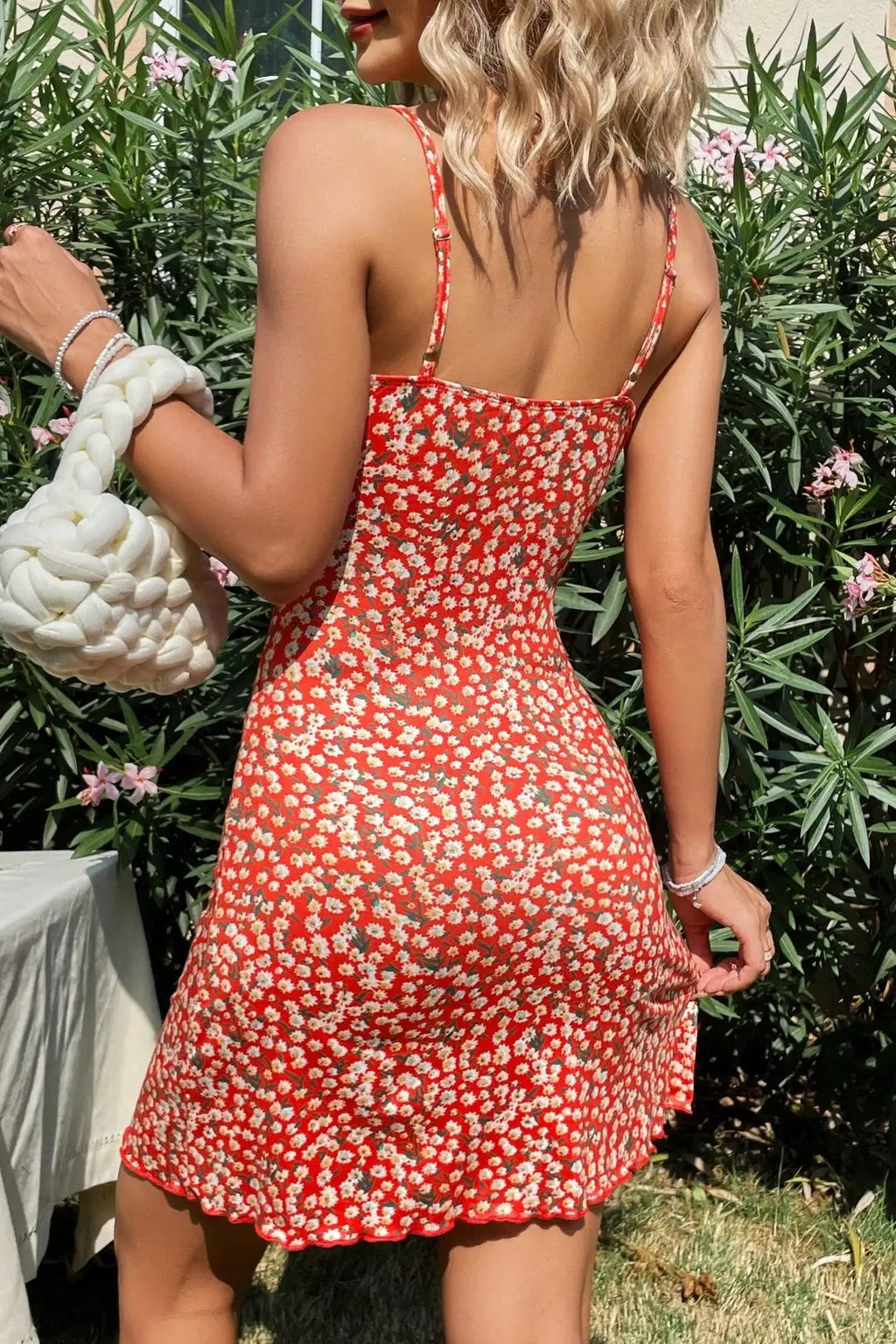 Stylish Red Printed Suspender Floral Dress