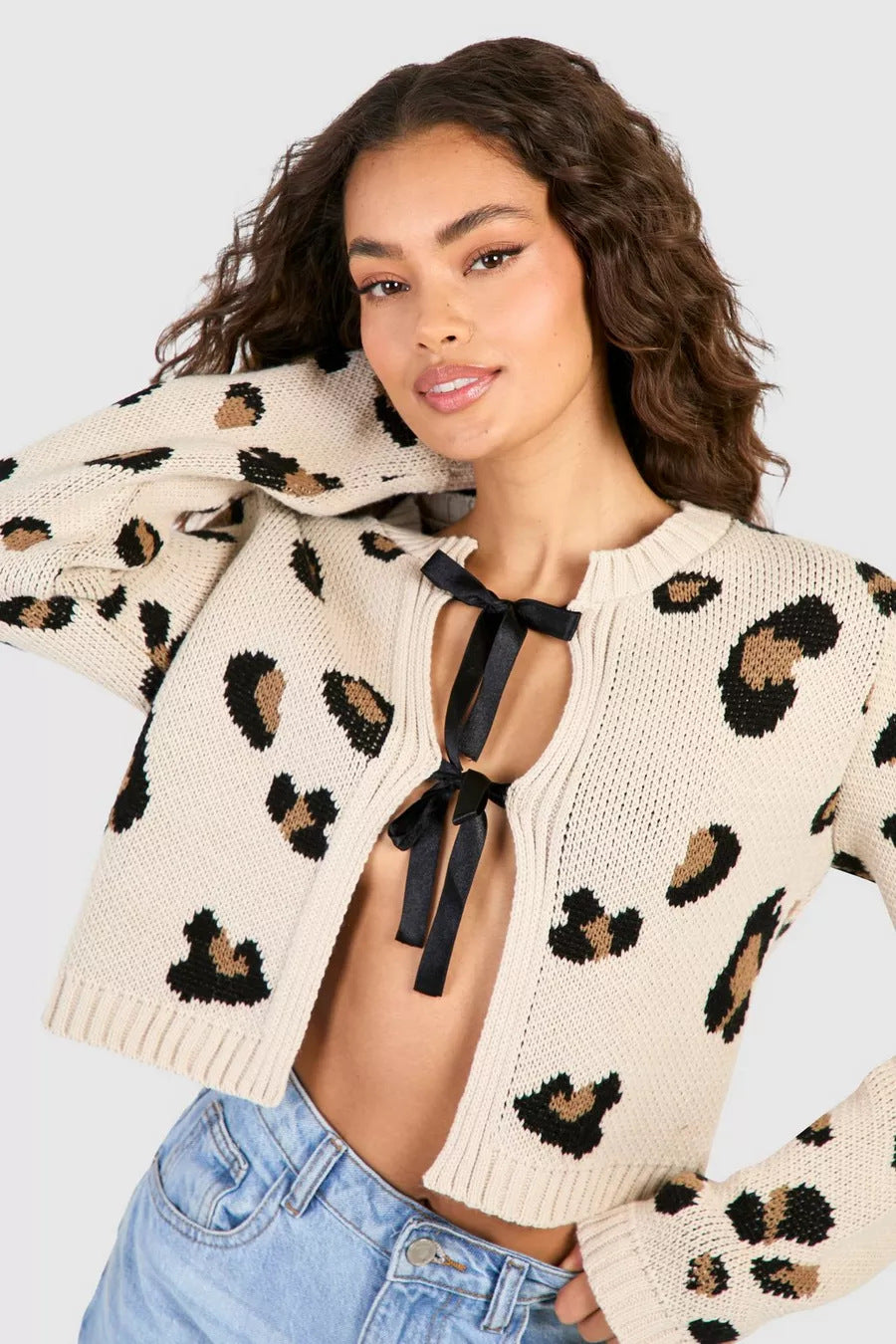 Front-Tie Leopard Knit Cardigan