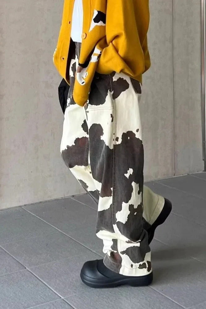 Baggy Cow Pattern Wide Leg Jean