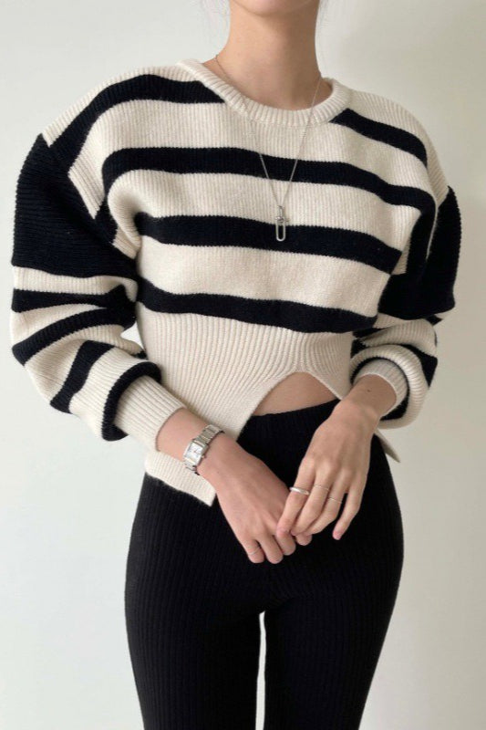 Cutout Waist Striped Sweater