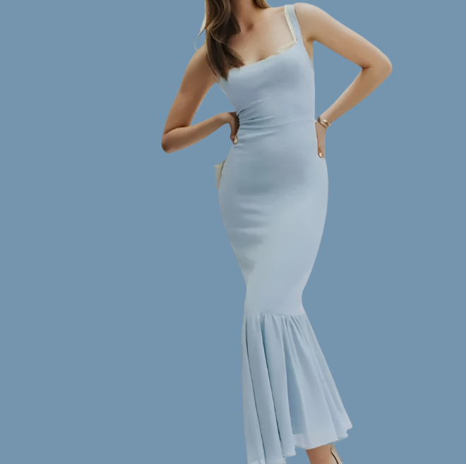 Light Blue Spliced Ruffle Hem Midi Dress