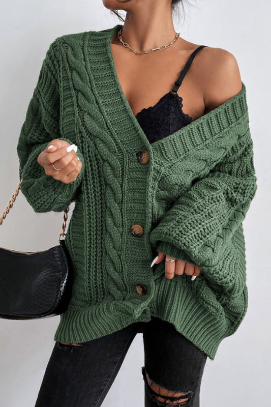 V-Neck Retro Cable Knit Puff Sleeve Cardigan