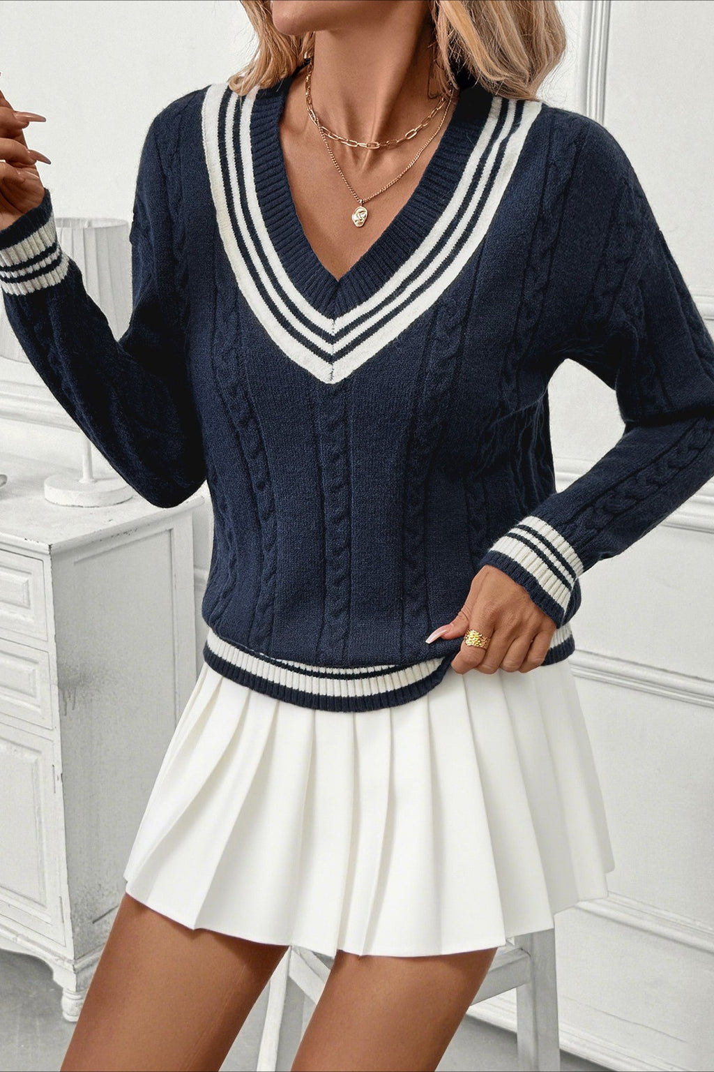 Contrast Cable Knit V Neck Sweater