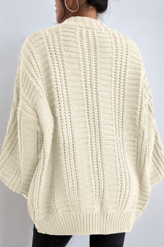 V-Neck Retro Cable Knit Puff Sleeve Cardigan
