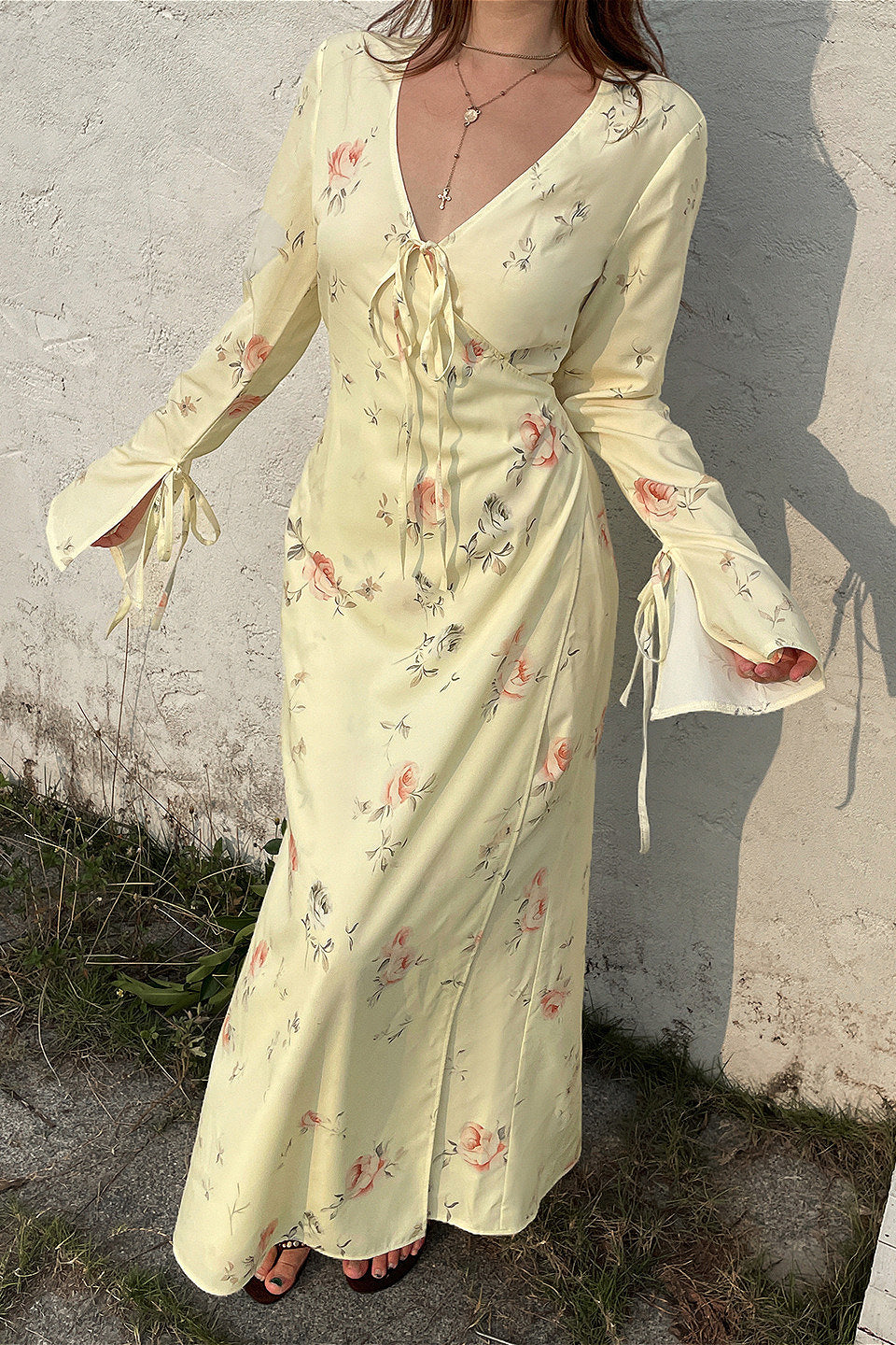 Sweet V Neck Flare Sleeve Wrap Maxi Floral Dress