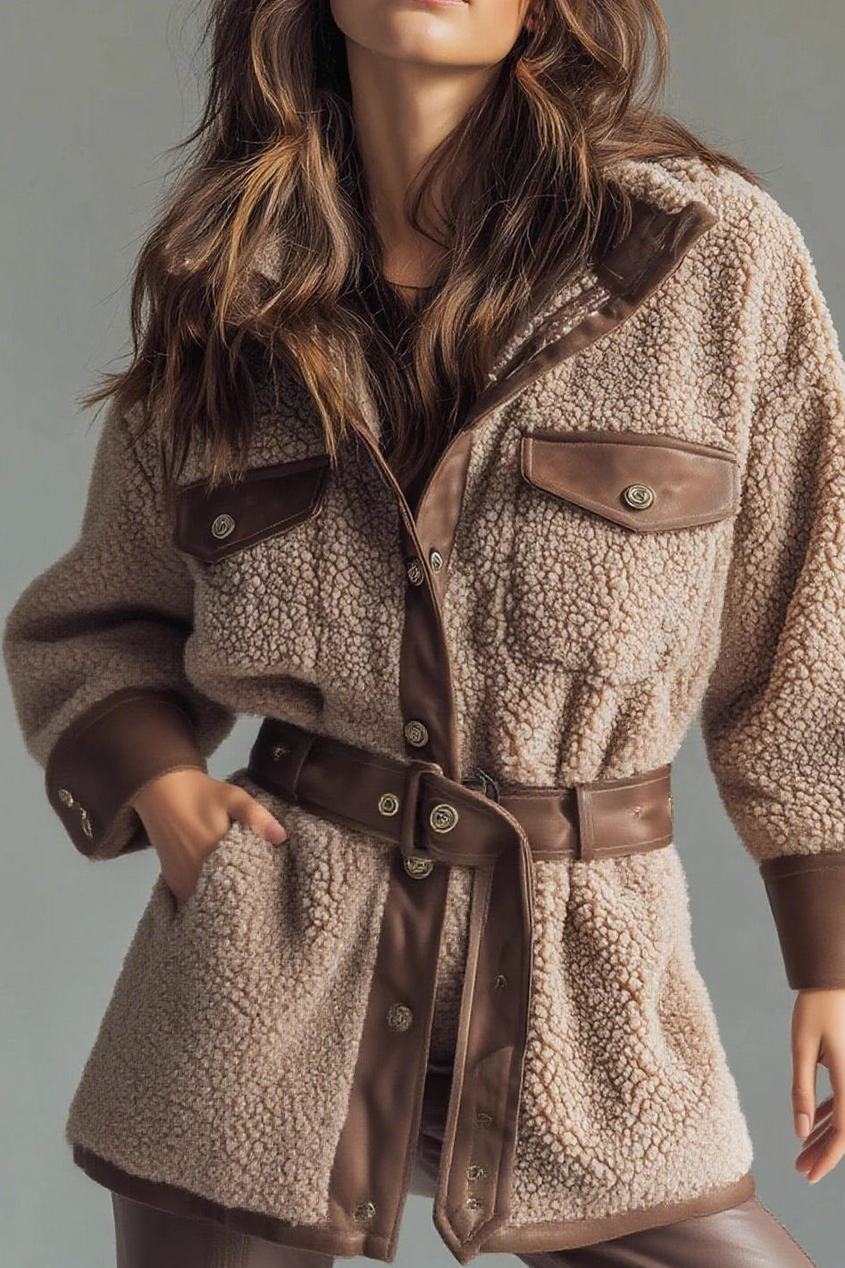 Retro Fleece Paneled Pocket Belted Coat