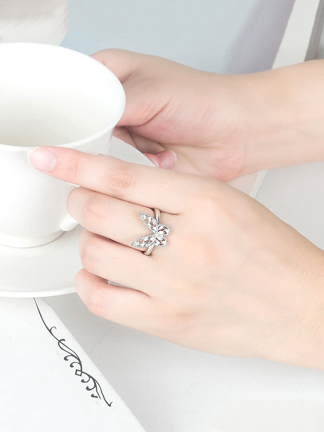 Rhodium Plated Butterfly Charm Finger Ring