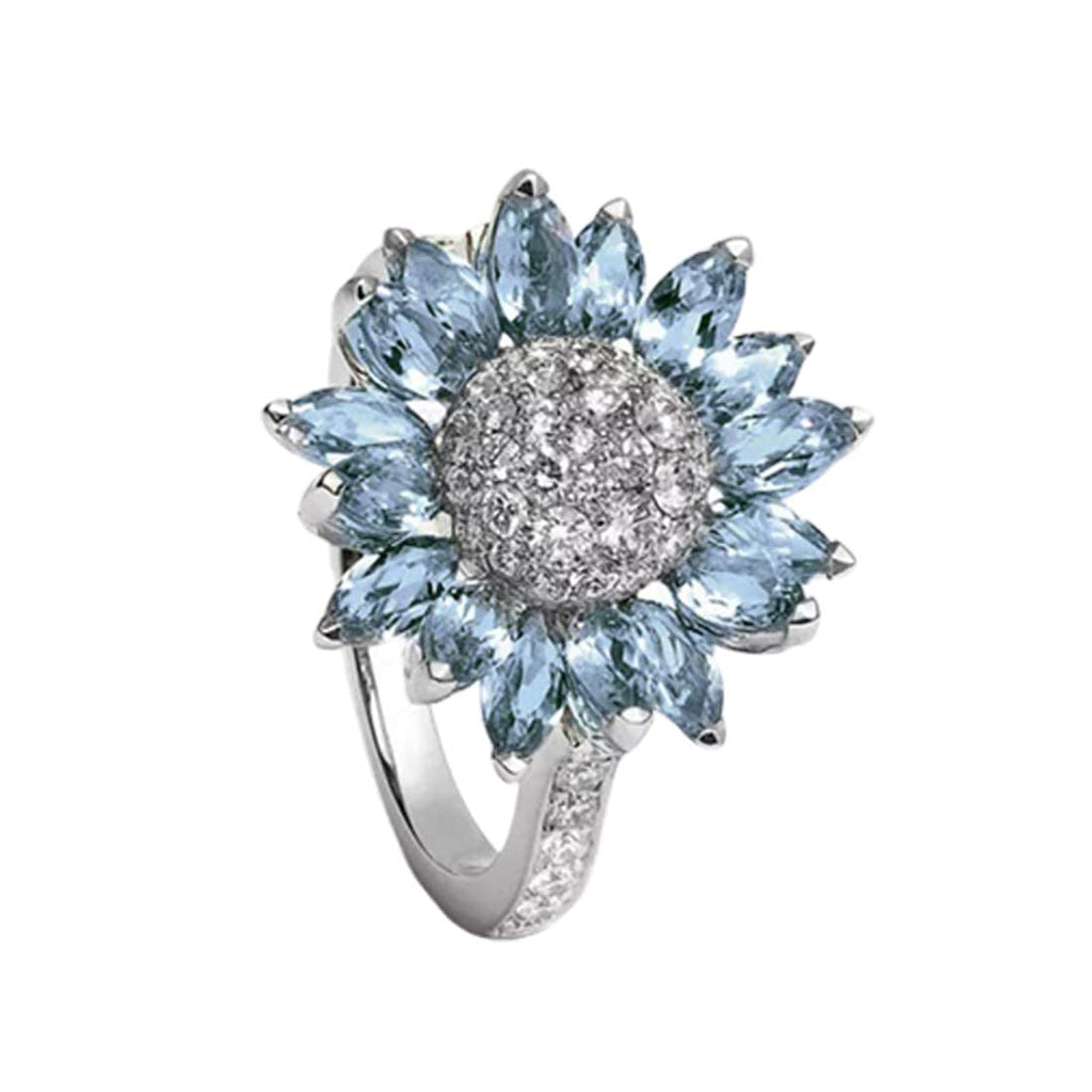 Silver Plated Floral Sunflower Crystal Ring