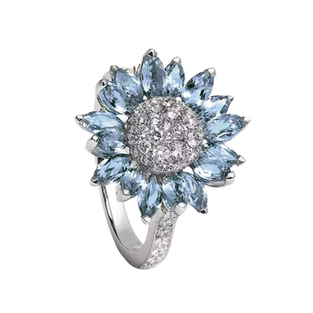 Silver Plated Floral Sunflower Crystal Ring