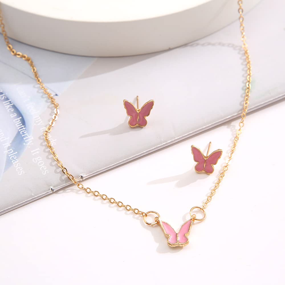 Pink Butterfly Charm Gold Necklace